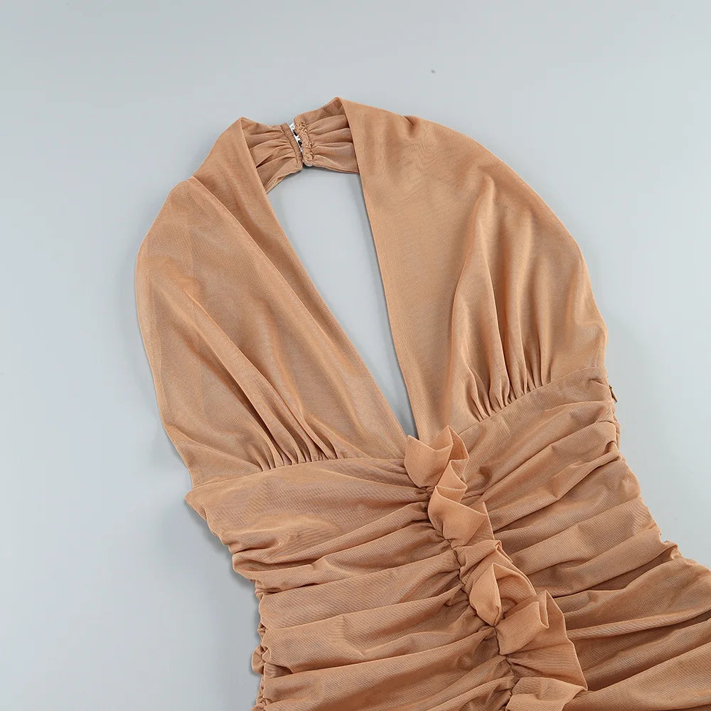 Celebrity Red Carpet Dress Women Sexy Mesh Halter Off the Shoulder Bodycon Mid-calf Dress Nightclub Party Celebrate Outfit