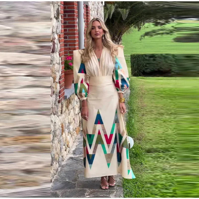 Vintage Printed Pleated Suit Dress Shoulder Pads Puff Sleeve V-neck Top High Waist Skirt Female New Spring Autumn Lady Suit