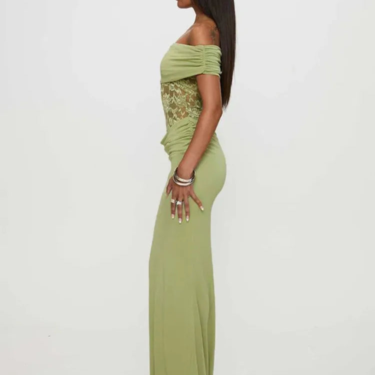 Off-shoulder Strapless Sexy Maxi Dress For Women Green Lace Sheer Sleeveless Backless Bodycon Club Party Long Dress