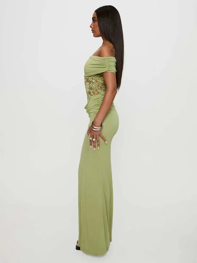 Off-shoulder Strapless Sexy Maxi Dress For Women Green Lace Sheer Sleeveless Backless Bodycon Club Party Long Dress