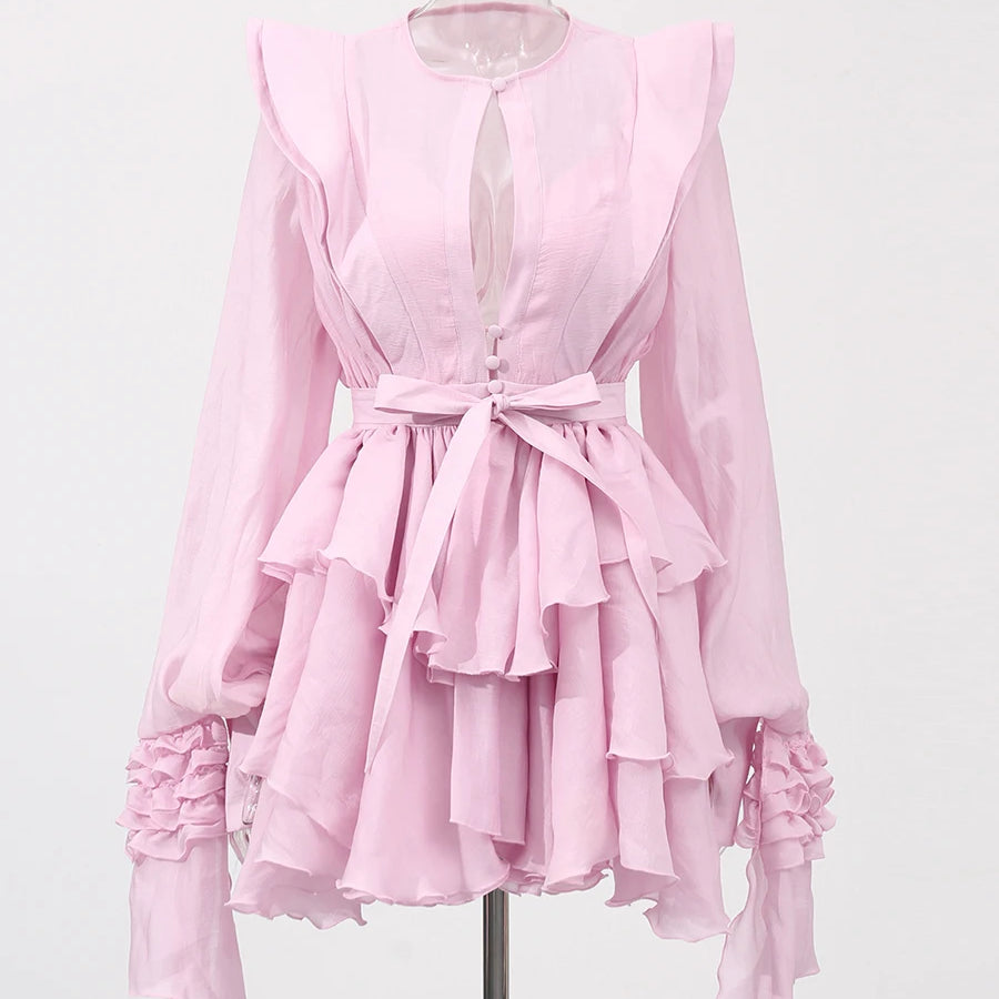 Slimming Spliced Ruffles Folds Dresses for Women Round Neck Long Sleeves Patchwork Button Dress Female Fashion New PINK