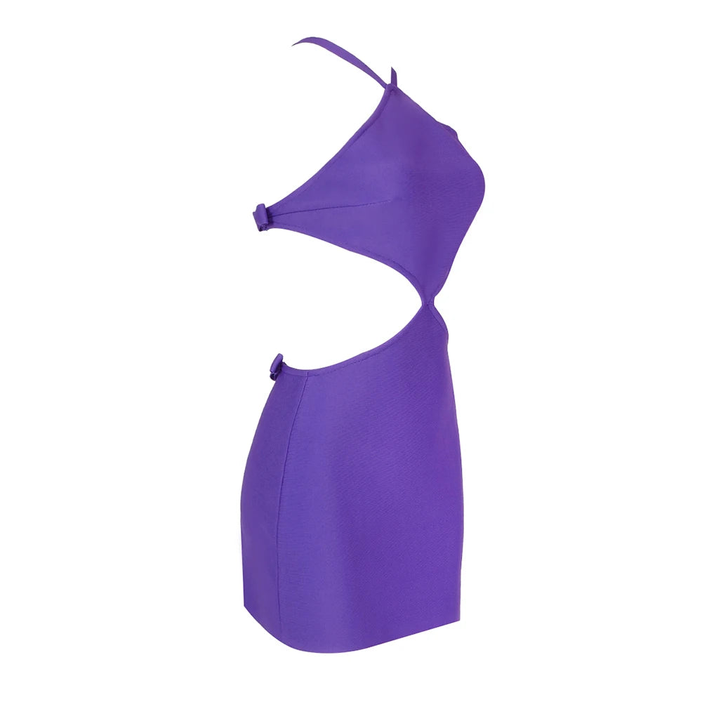 Purple Color Women Sexy Halter Bodycon Mini Dress Rayon Bandage Fashion Backless Nightclub Party Celebrate Outfit Vestido