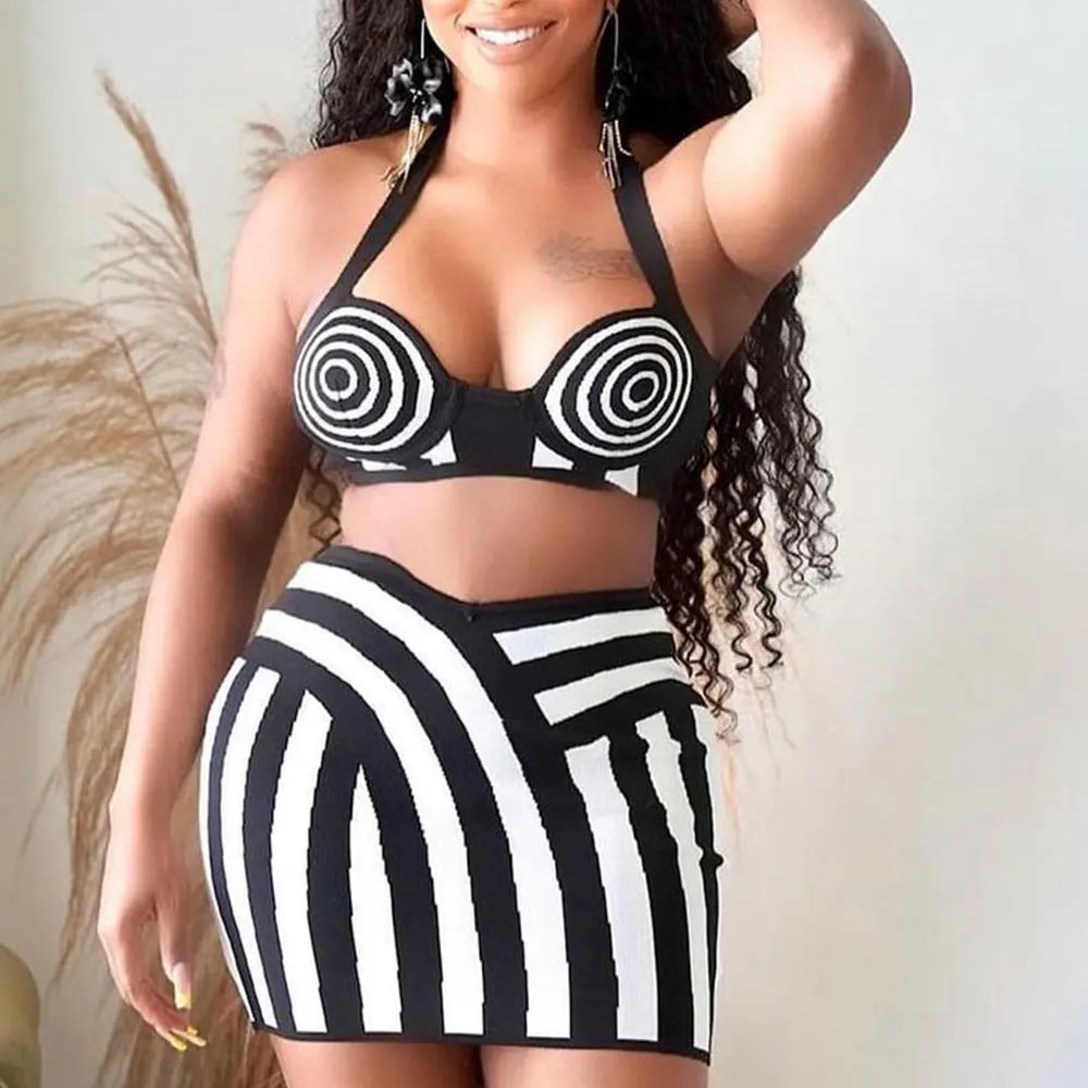 2024 Sexy Women'S Striped Short Skirt Set Hanging Neck Style Sleeveless Backless Ultra Short Vest Top+Mini Skirt Two-Piece Set