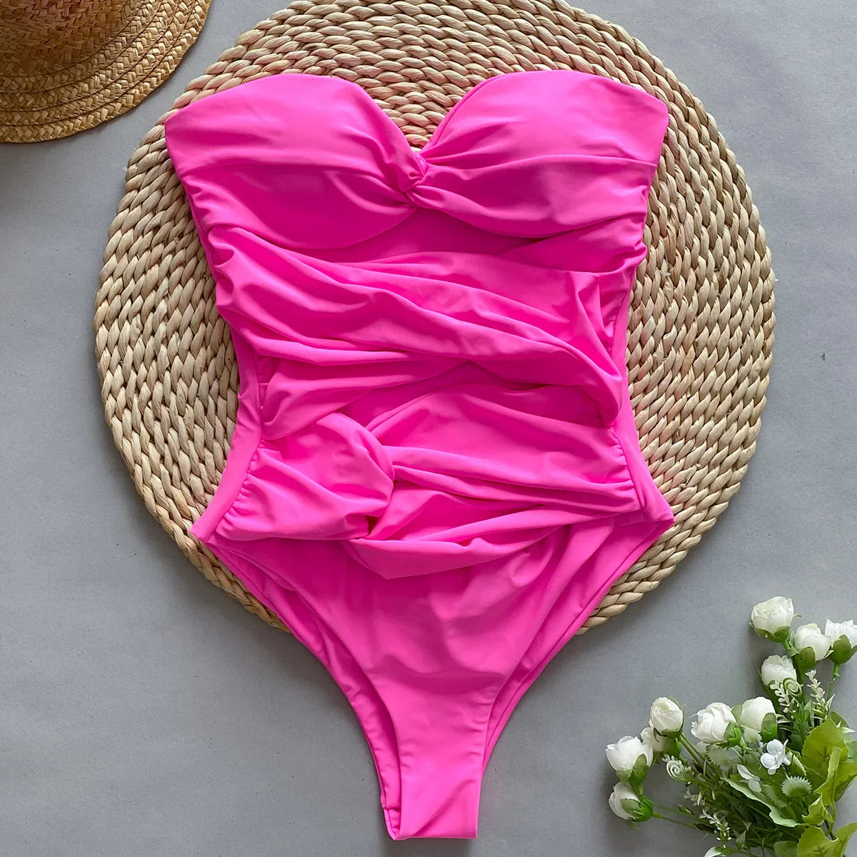 Hollow Out One Piece Swimsuit, Monokini Bodysuit, Lace Up Beachwear, High Waist Swimming Suit, Bandeau Monokini, Summer, 2024 Pink