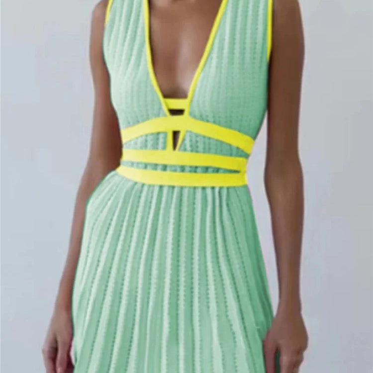 REALEFT Summer Deep V-Neck Knitted Women's Dresses High Waist Lace Up Casual Sleeveless Solid Sexy Mini Dresses Female Ladies Mint One Size