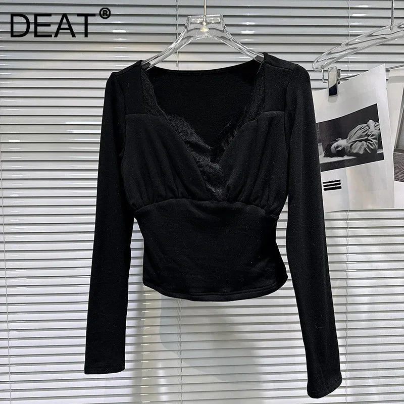 Winter New Elegant Fashion V-neck Lace Trim Design Long Sleeve Base Shirt For Women Slim Fit Tops Female 11A07606