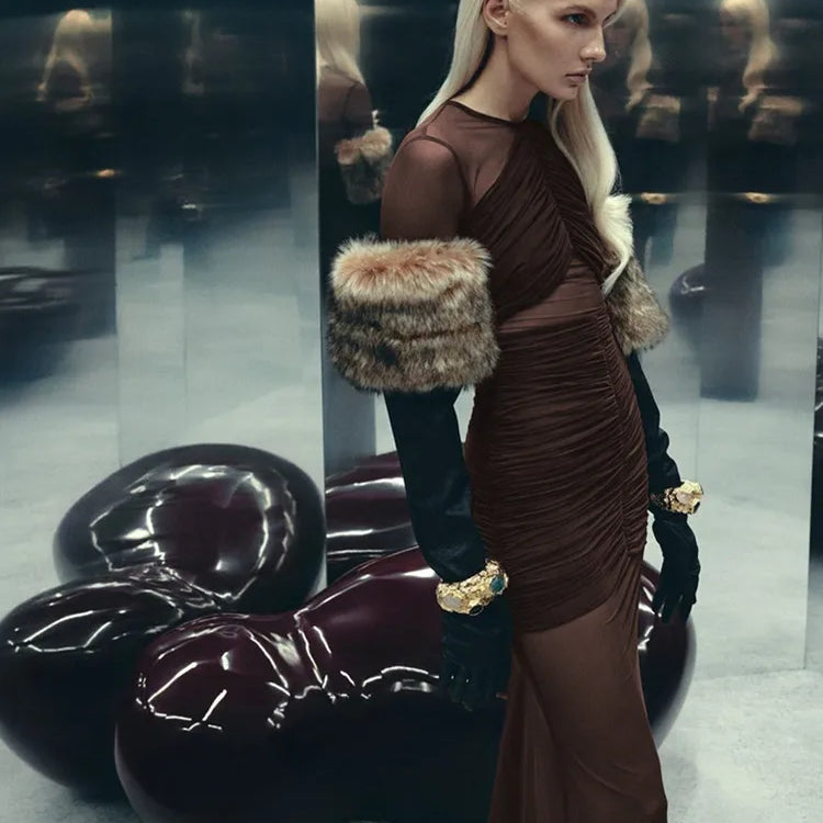 Fashion Women Sexy Long Sleeve Brown Beige Mesh Ruched Maxi Long Bodycon Dress 2025 Elegant Evening Club Party Clothing