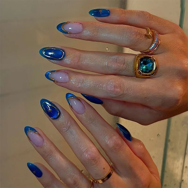 24Pcs 3D Cat-eye Dark Blue Design False Nails with Irregular Lines Spice Girl Detachable Nail Tips Short Oval Nails Set Press On 1