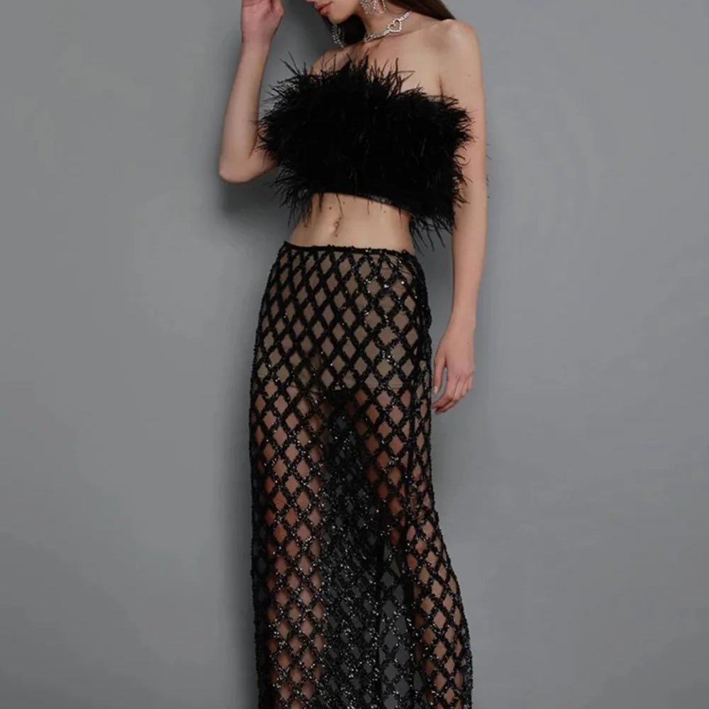 Europe And The United States Sexy New Fashion Wrap Chest Feather Decoration Split Shoulder Bare Backpack Hip Skirt Sexy Color black
