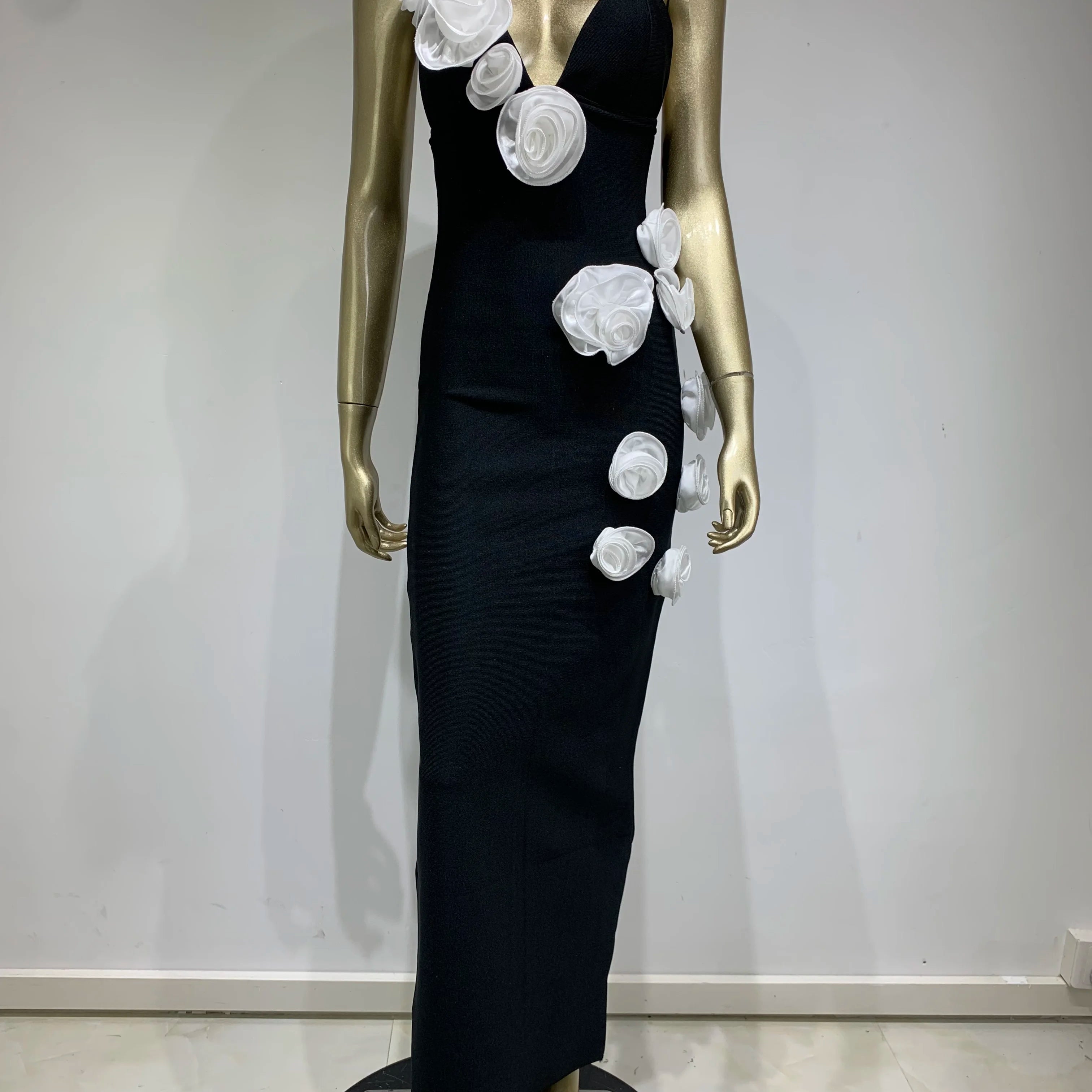 Women Celebrity Sexy Backless Pearl Black Flower Patchwork Maxi Long Bodycon Bandage Dress 2024 Elegant Evening Club Party Dress