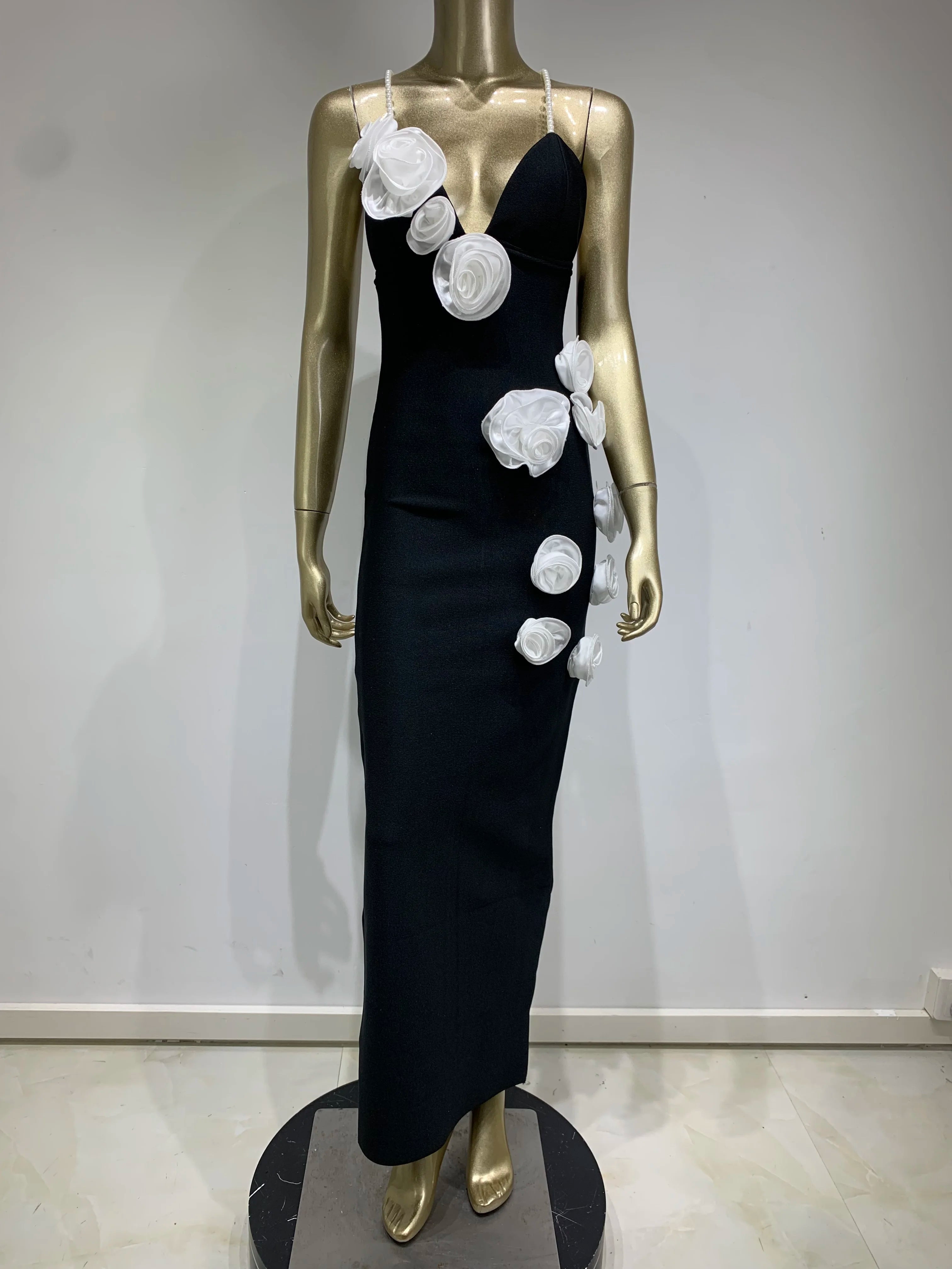 Women Celebrity Sexy Backless Pearl Black Flower Patchwork Maxi Long Bodycon Bandage Dress 2024 Elegant Evening Club Party Dress