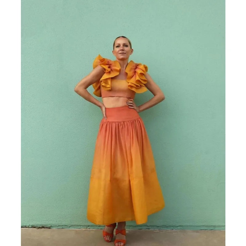 Elegant Women Two Piece Set Y2K Outfits Sexy Ruffle Crop Top Shirt High Waist Colorful Long Skirt Suit Vacation Boho Clothes Set