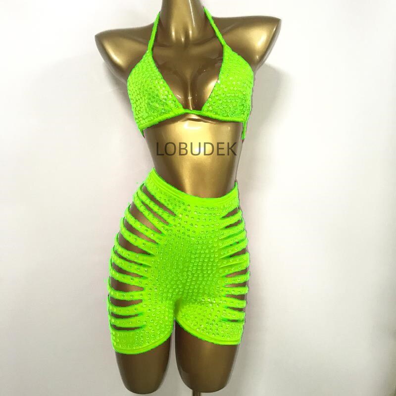 Shining Rhinestones Bra Hole Hollow Shorts Set Women Pink Crystal Bikini High Waist Pants Outfits Birthday Party Singer Costume