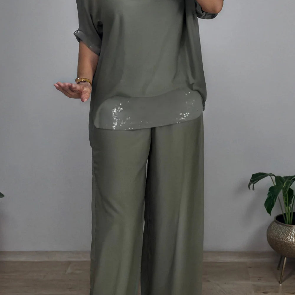 Plus Size Formal Green Elegant Round Neck Half Sleeve Pocket Chiffon Three Piece Sets Green
