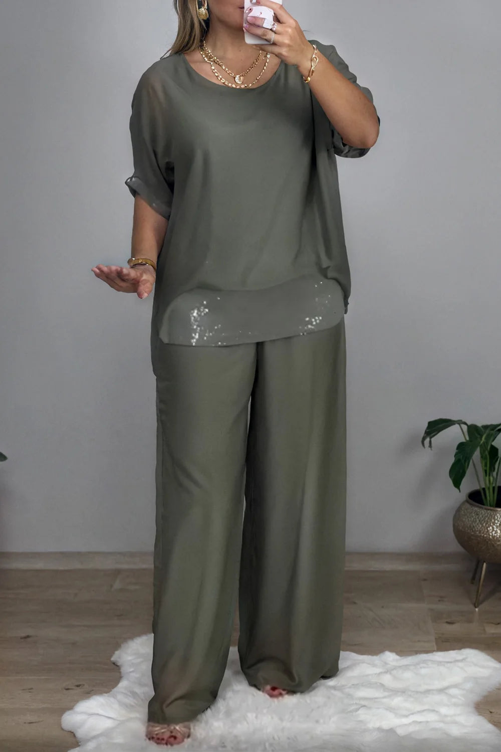 Plus Size Formal Green Elegant Round Neck Half Sleeve Pocket Chiffon Three Piece Sets Green