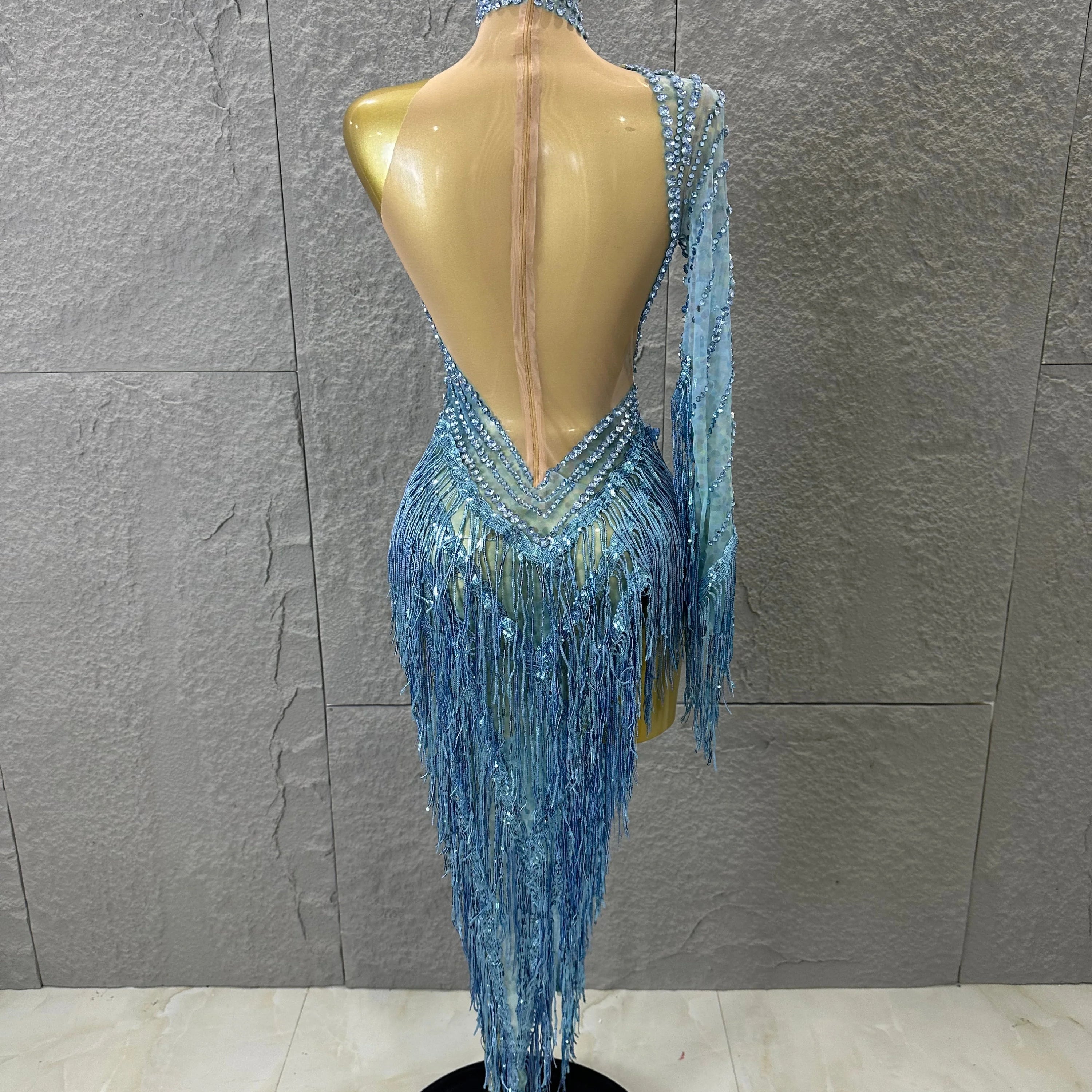 Glamorous Sky Blue One Shoulder Crystal Beaded Asymmetrical Tassel Dress Evening Birthday Nightclub Dance Banquet Outfit
