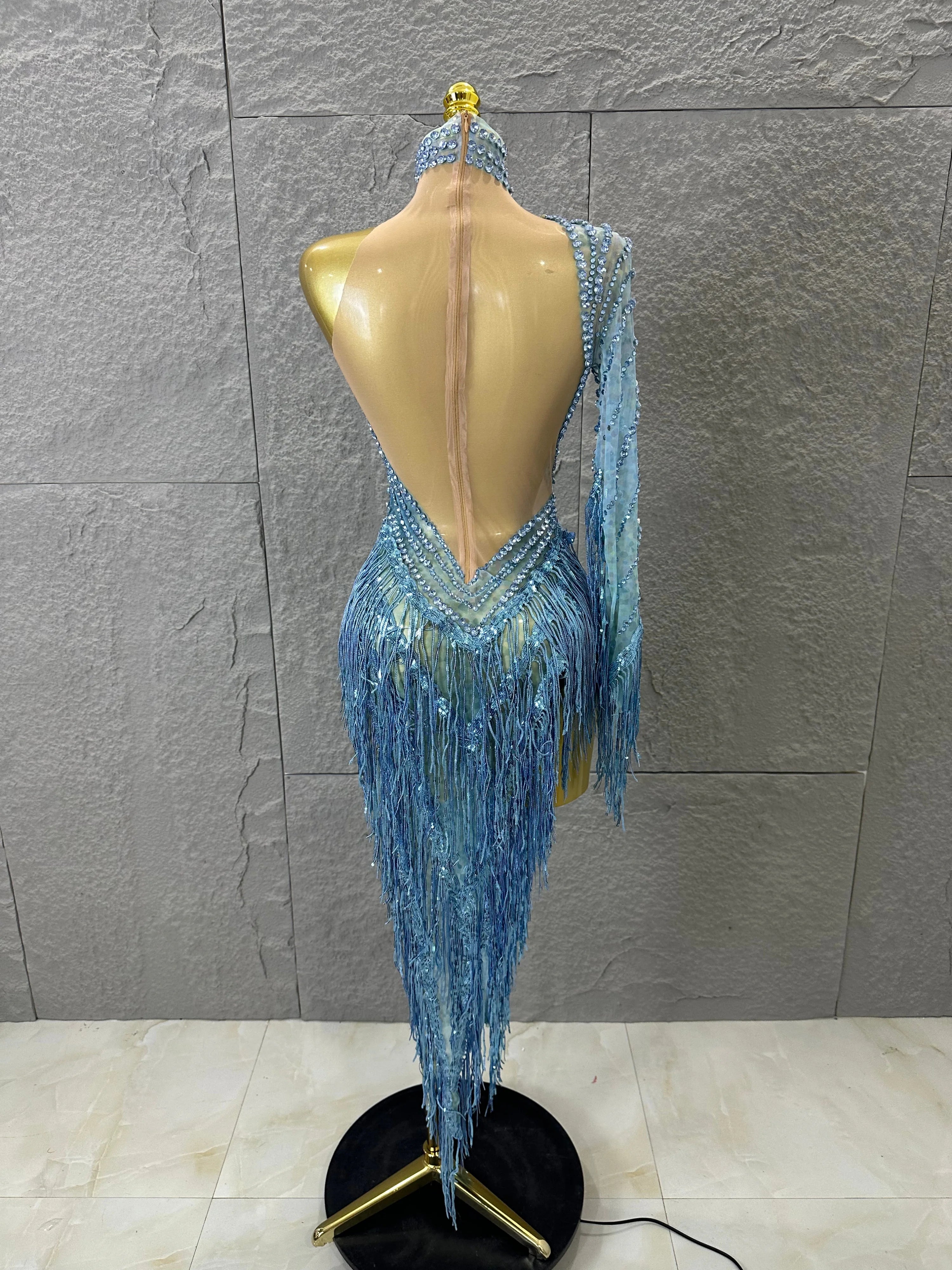 Glamorous Sky Blue One Shoulder Crystal Beaded Asymmetrical Tassel Dress Evening Birthday Nightclub Dance Banquet Outfit
