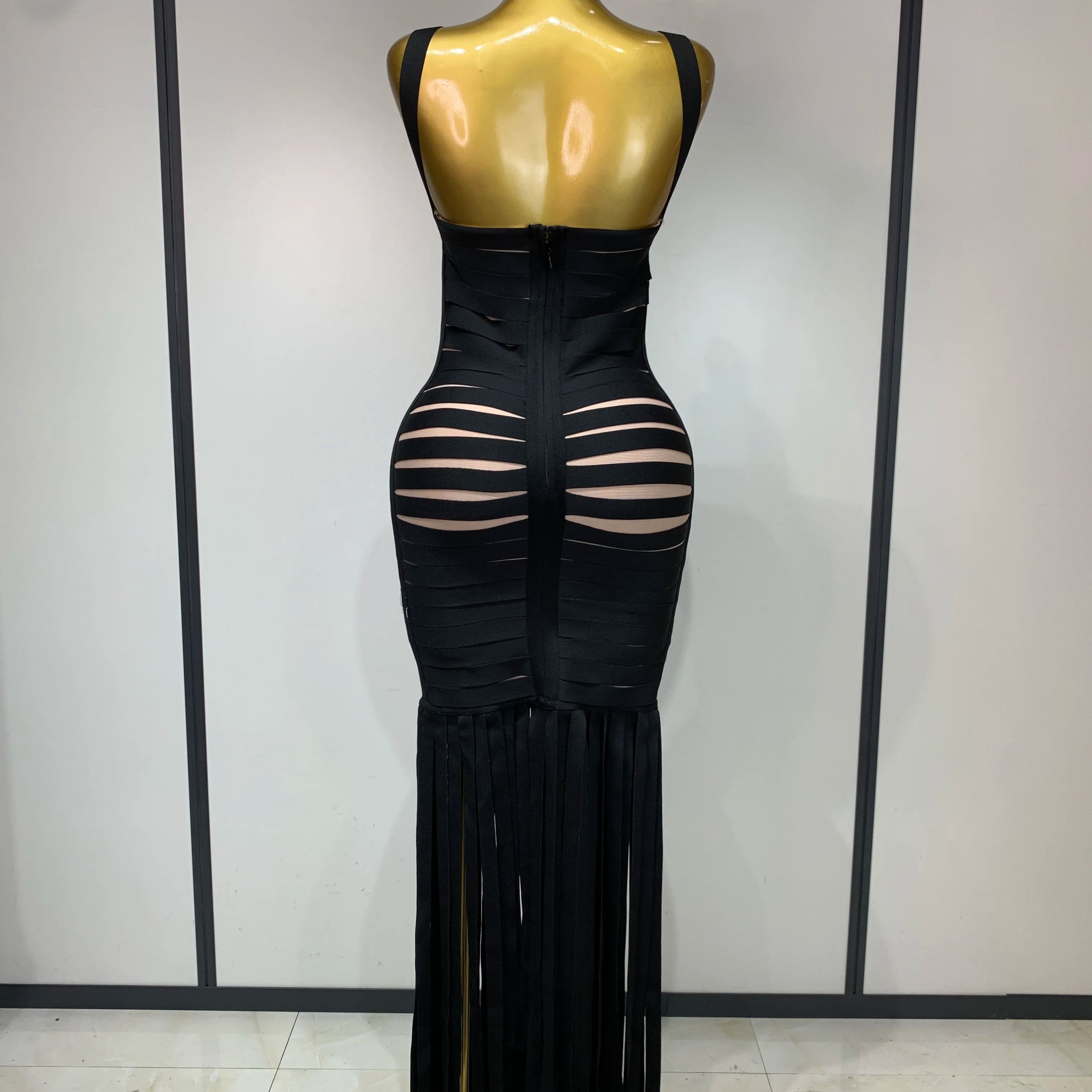 Women Sexy Sleeveless Square Collar Black Tassel Long Bandange Dresses Elegant Evening Party Birthday Gown Design Club Dress