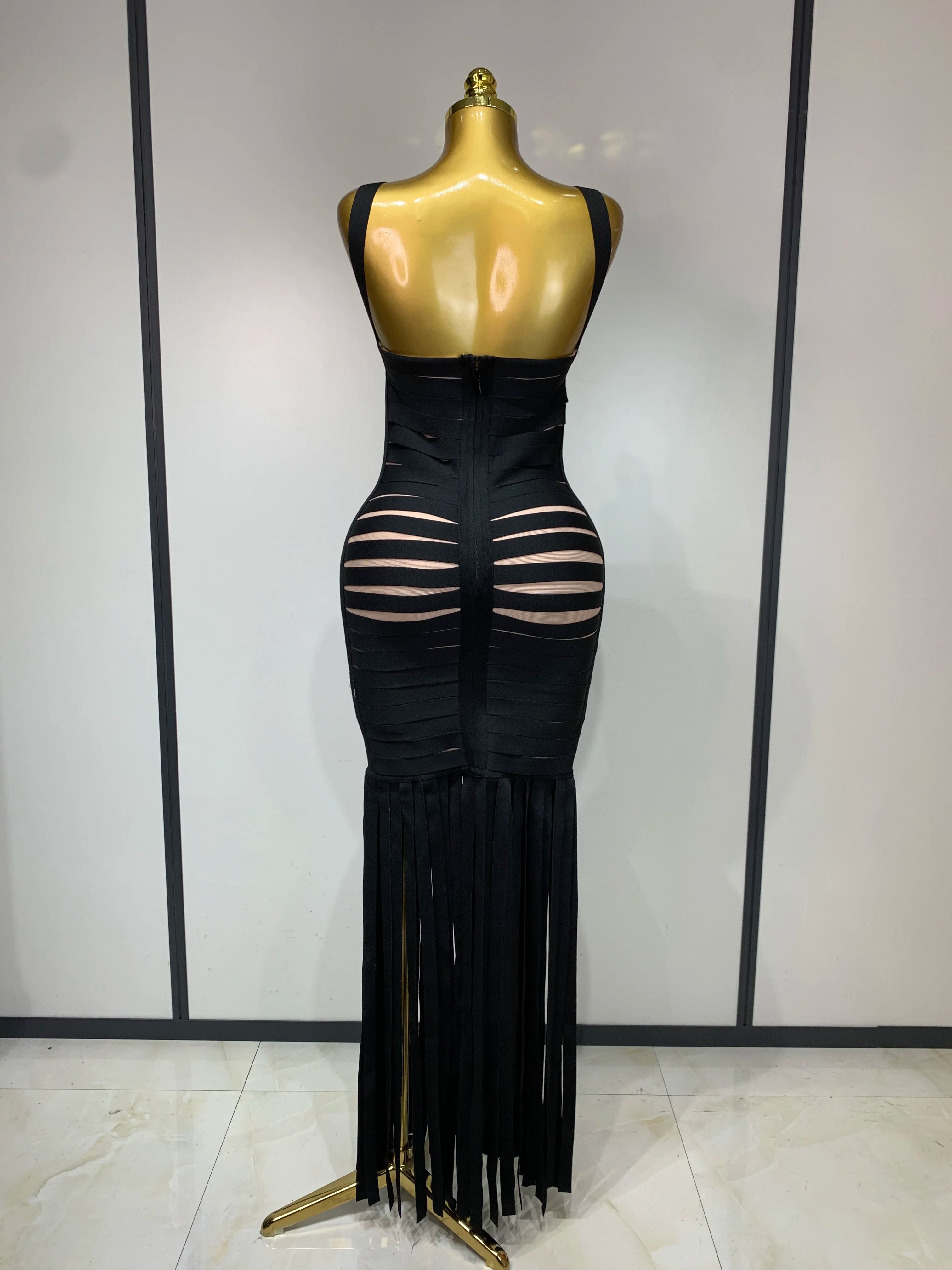 Women Sexy Sleeveless Square Collar Black Tassel Long Bandange Dresses Elegant Evening Party Birthday Gown Design Club Dress