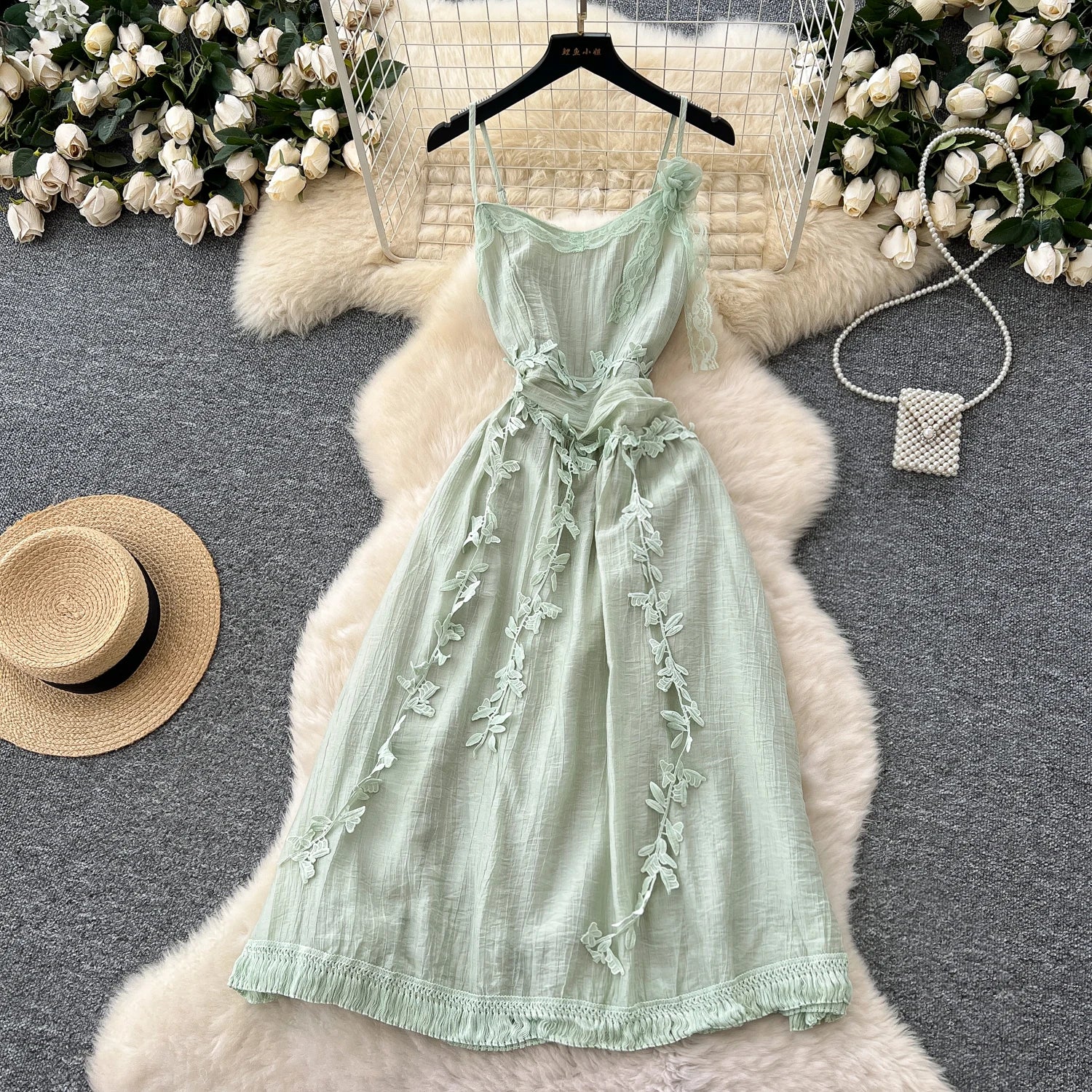 Chic Three-dimensional floral Embroidered lace Elegant Korean Fashion Fairy Sexy High Waist Summer Women Beach Vacation Robe green