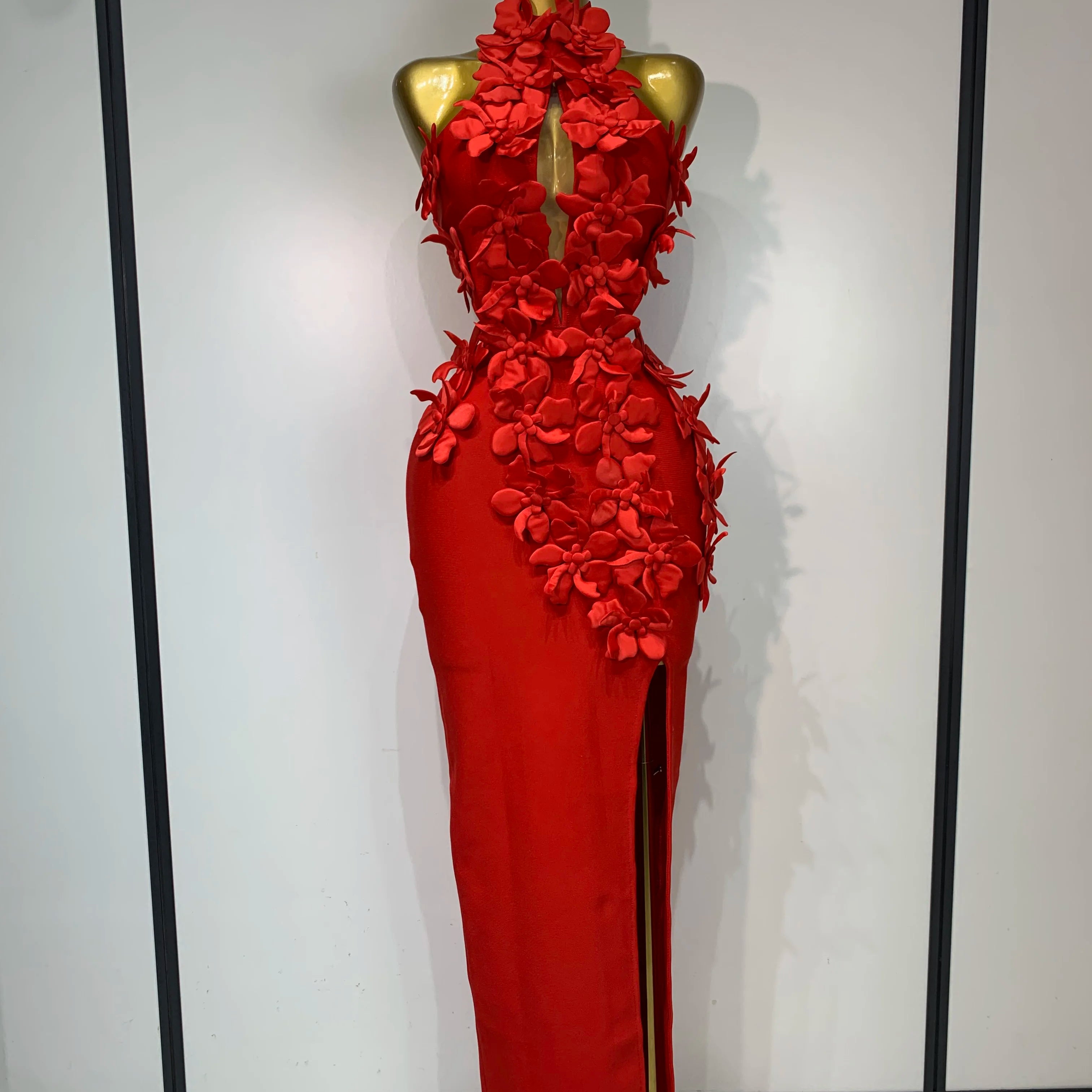 Women Sexy Sleeveless Flower Hollow Out Evening Party Bandage Dresses Red Knitted Bodycon Birthday Wedding Guest Clothing Red