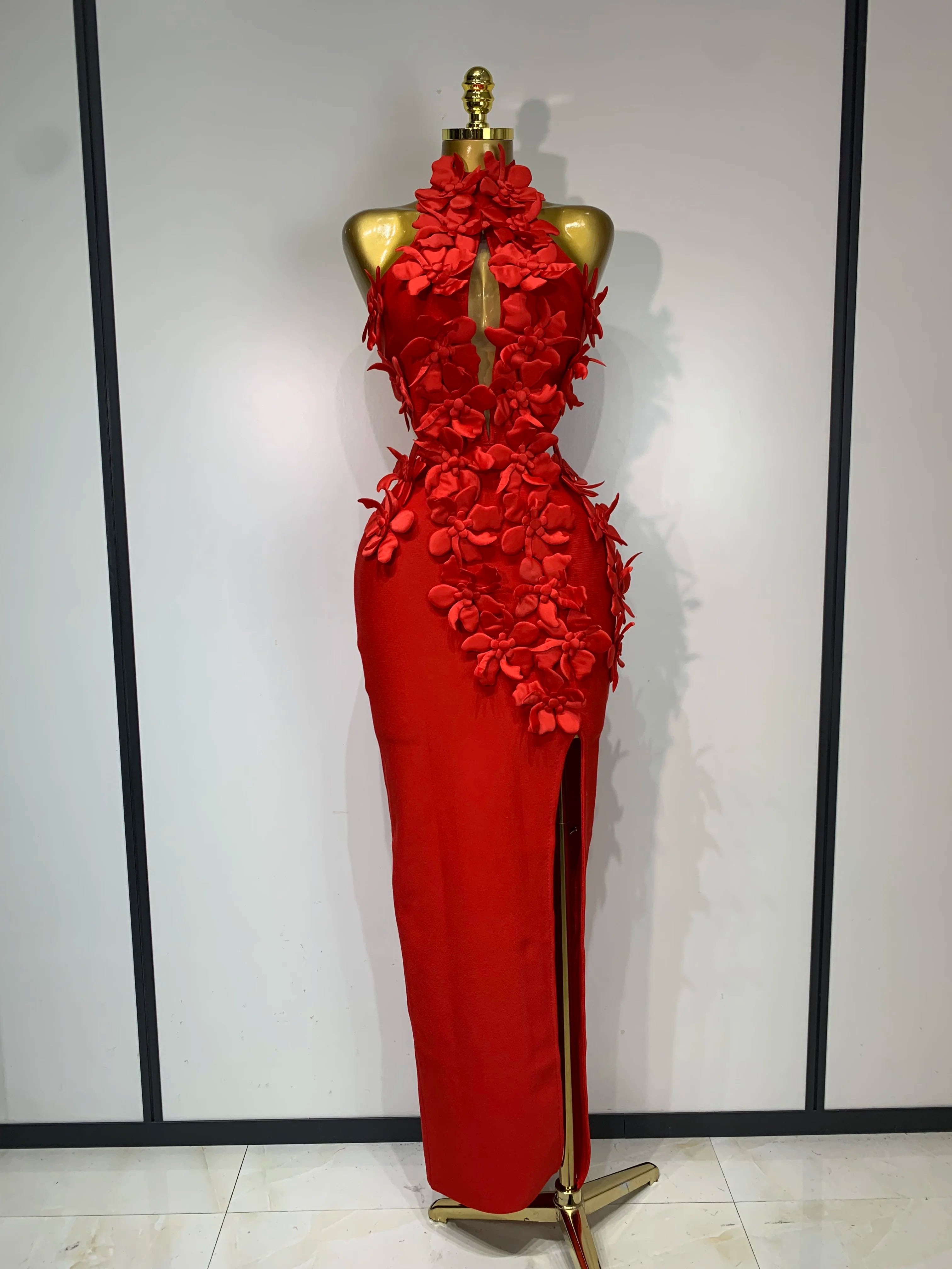 Women Sexy Sleeveless Flower Hollow Out Evening Party Bandage Dresses Red Knitted Bodycon Birthday Wedding Guest Clothing Red