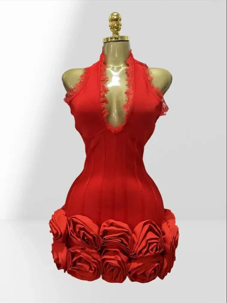 Stereoscopic Folwer Sexy Deep V-Neck Halter Sheath Red Bandage Mini Dress Sweet Woman Birthday Party Dress Music Festival Outfit Red