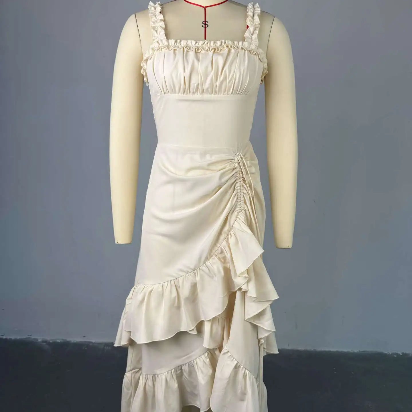 Women Strap Slash Neck Cascading Ruffles Drawstring Ruched Up Long Maxi Dress 2025 Birthday Evening Sexy Dresses Vestido