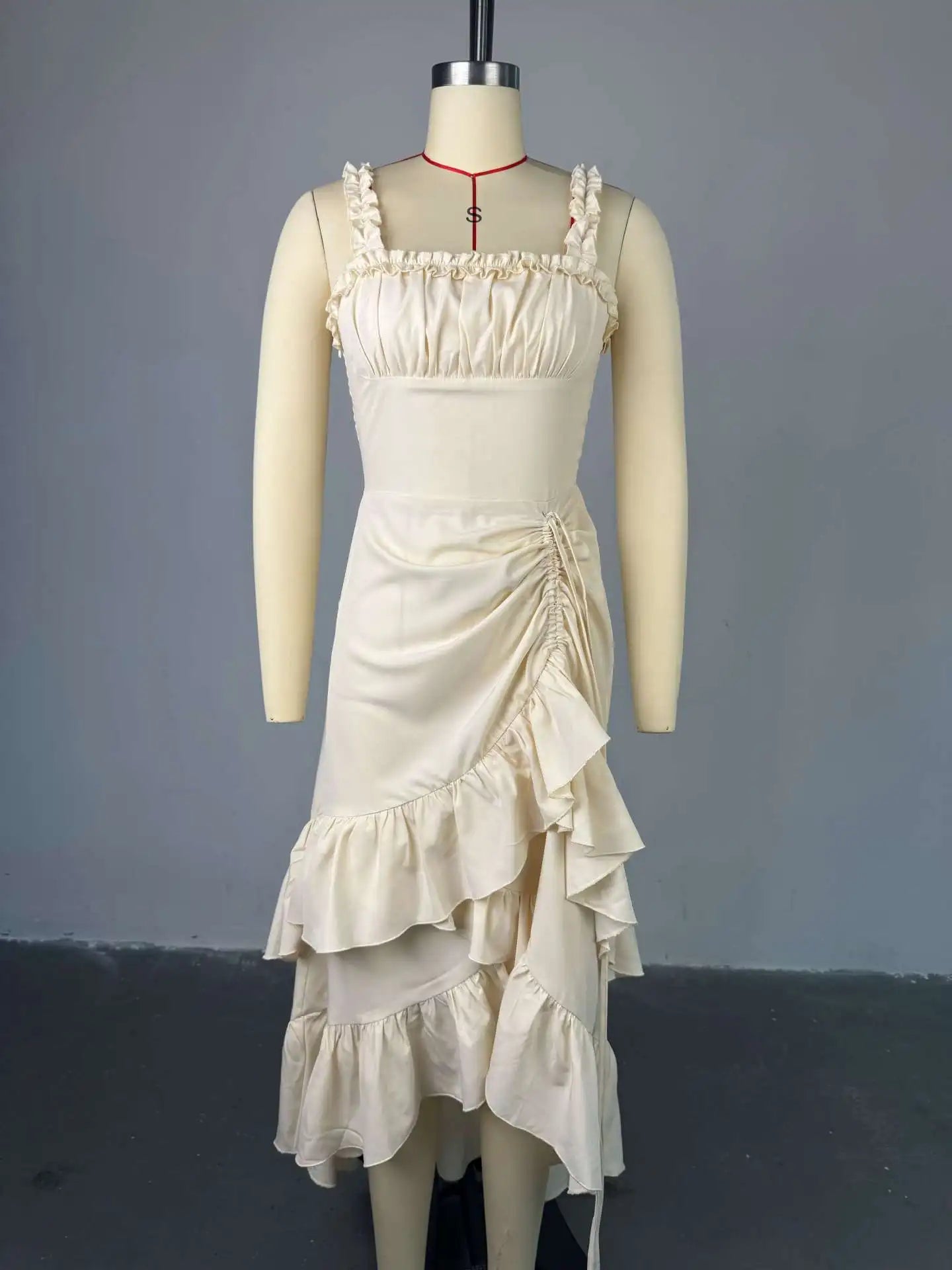 Women Strap Slash Neck Cascading Ruffles Drawstring Ruched Up Long Maxi Dress 2025 Birthday Evening Sexy Dresses Vestido