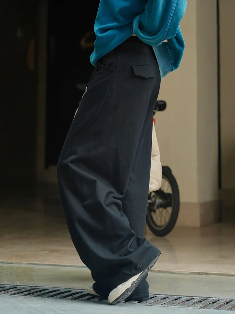 [LANMREM] Vintage Spliced Design Pants For Women High Waist Wideleg Trousers Thicking Warm Clothing Spring New 26D6432