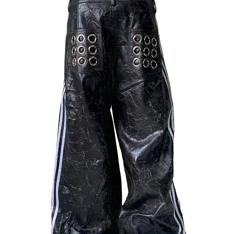 Lautaro Autumn Long Black Faux Leather Wide Leg Pants for Mens with Side Stripes Holes Luxury Emo Streetwear European Fashion