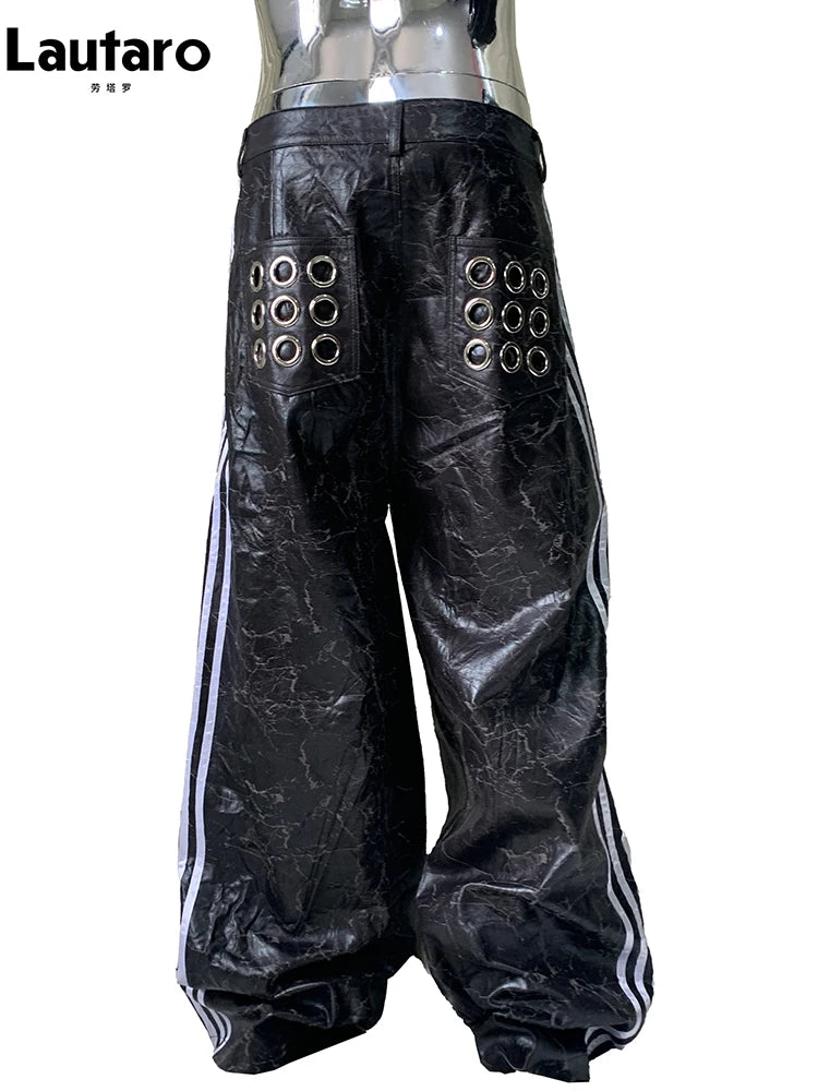 Lautaro Autumn Long Black Faux Leather Wide Leg Pants for Mens with Side Stripes Holes Luxury Emo Streetwear European Fashion