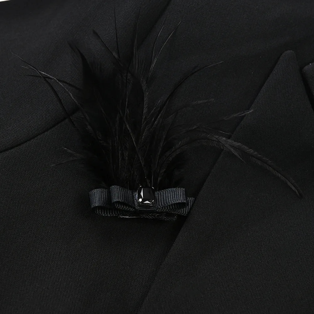 Solid Slimming Spliced Bead Feather Blazers for Women Lapel Long Sleeves Patchwork Button Blazer Female Fashion New