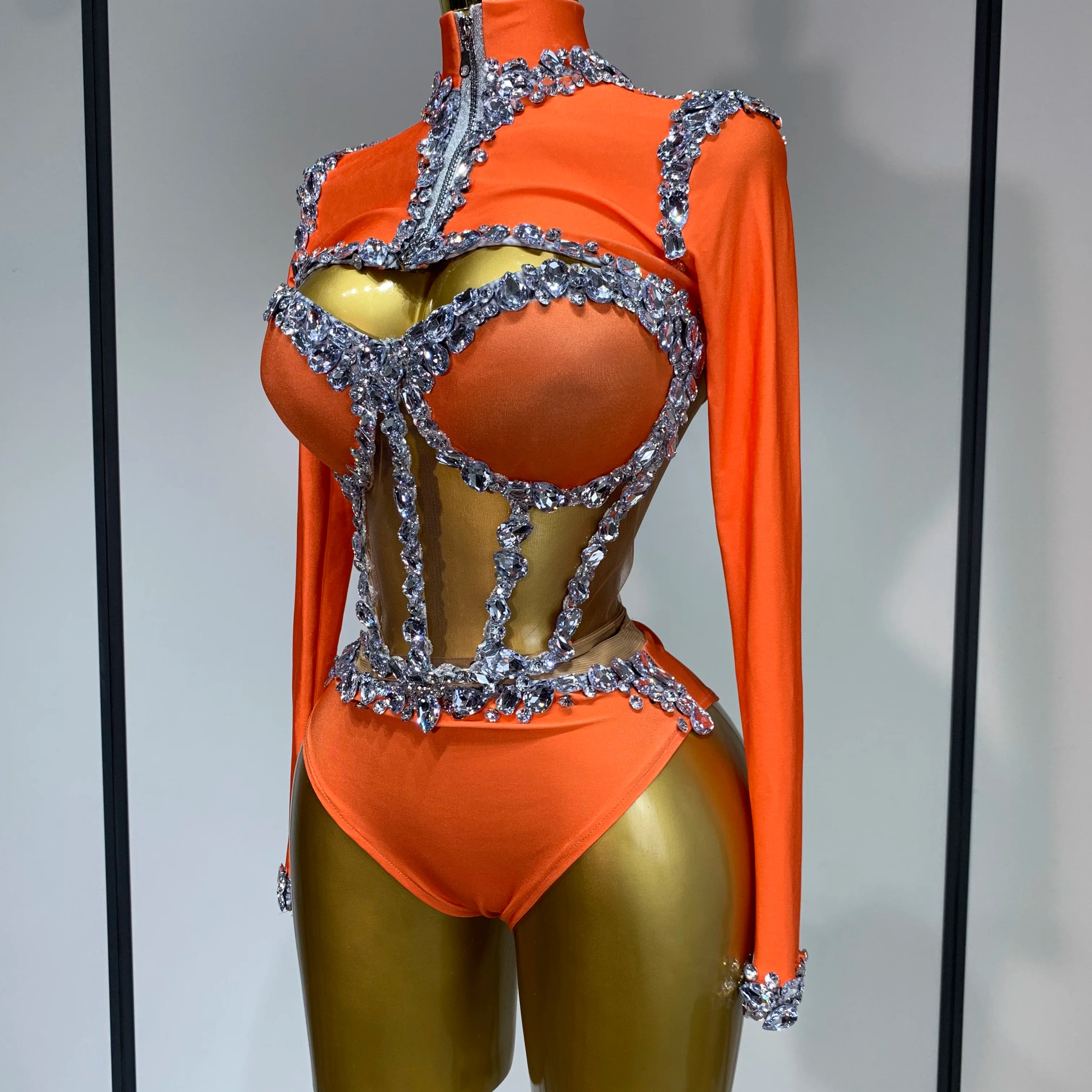 Sparkly Rhinestone Stage Outfit Women Long Sleeve Three Piece Set Dance Drag Queen Nightclub Evening Party Birthday Costume