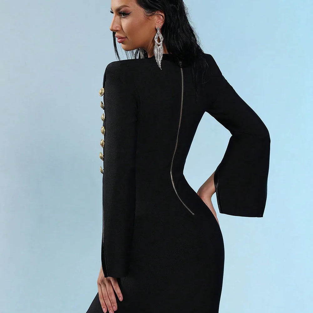 2025 New Women V Neck Bandage Dress Black Sexy Long Sleeve Button Bodycon Club Celebrity Elegant Evening Mini Party Dresses