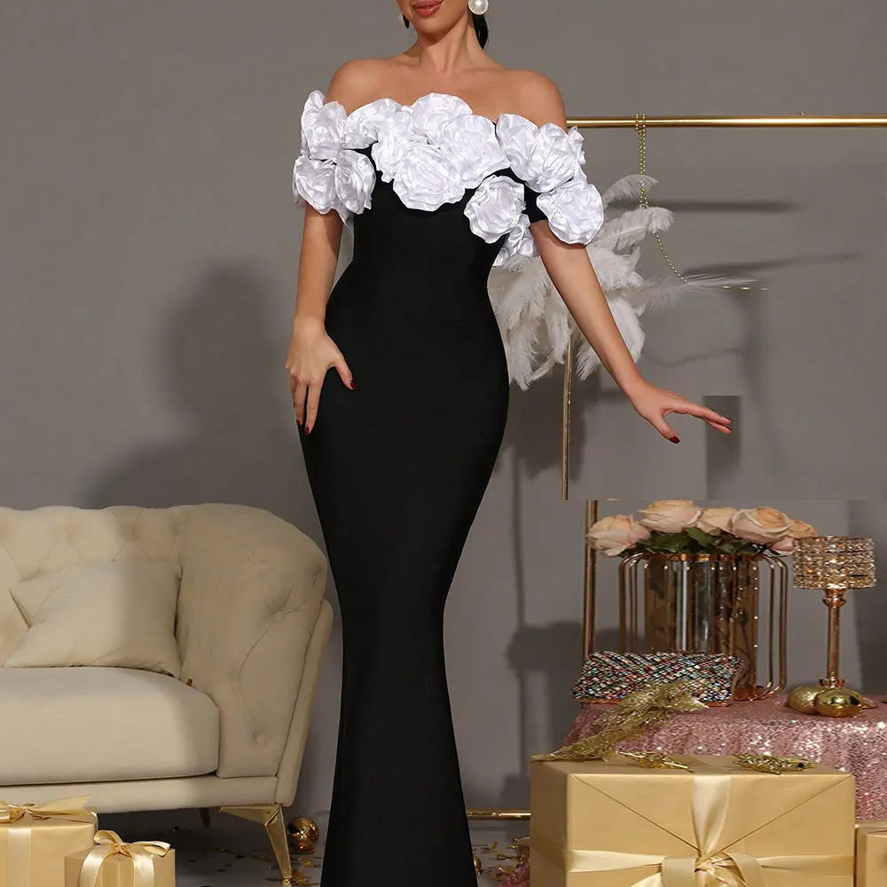 2025 Elegant Women Light Luxury Flower Design Bandage Dress with One Collar Shoulders Bodycon Banquet President's Dress Vestidos