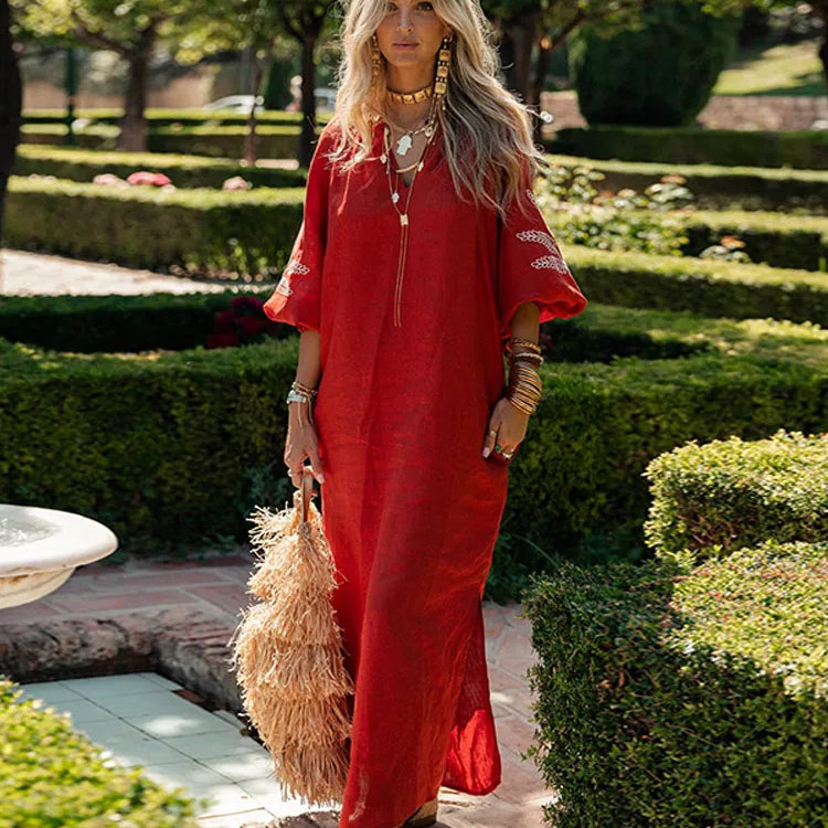 Fashion Linen Printed Women's Slit Maxi Dress Casual Loose V Neck Long Cuff Sleeves Vestidos Spring Lady Vacation Chic Robe