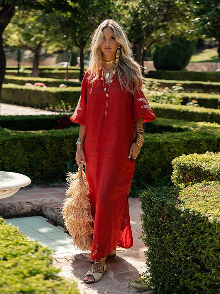 Fashion Linen Printed Women's Slit Maxi Dress Casual Loose V Neck Long Cuff Sleeves Vestidos Spring Lady Vacation Chic Robe