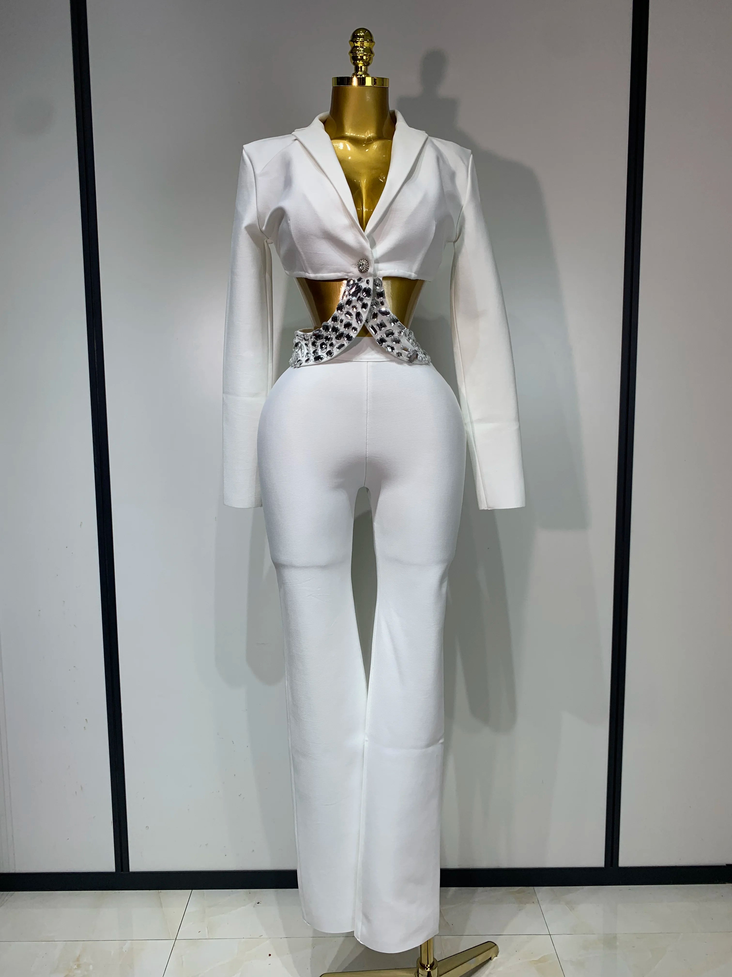 Women Sexy Long Sleeve Beading Bodycon Two Pieces Pants Bandage Set 2025 Celebrity Designer Fashion Women's Luxury Birthday Set WHITE