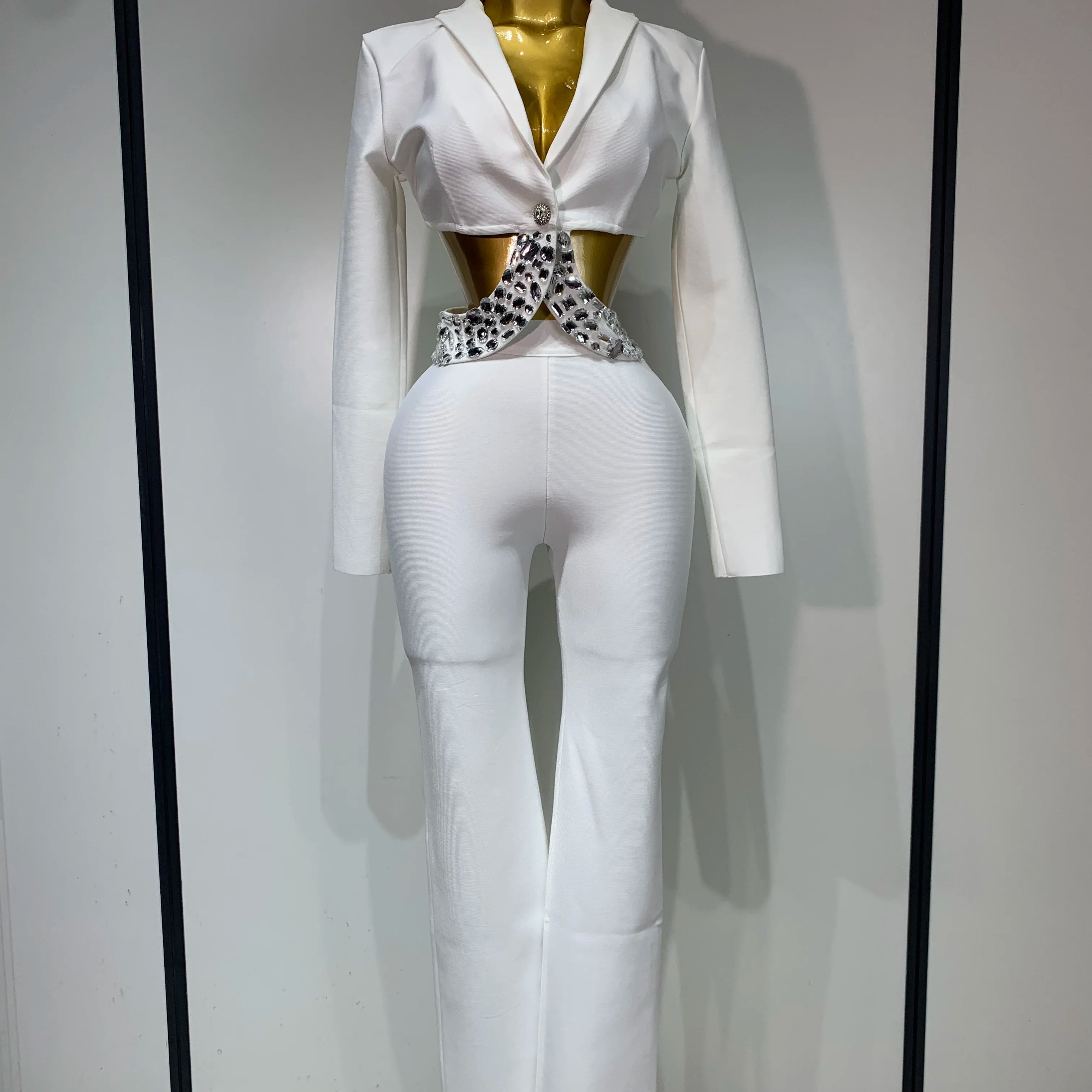 Women Sexy Cut Out Long Sleeve Beading Bodycon Two Pieces Pants Bandage Set Celebrity Designer Fashion Women Luxury Birthday Set WHITE