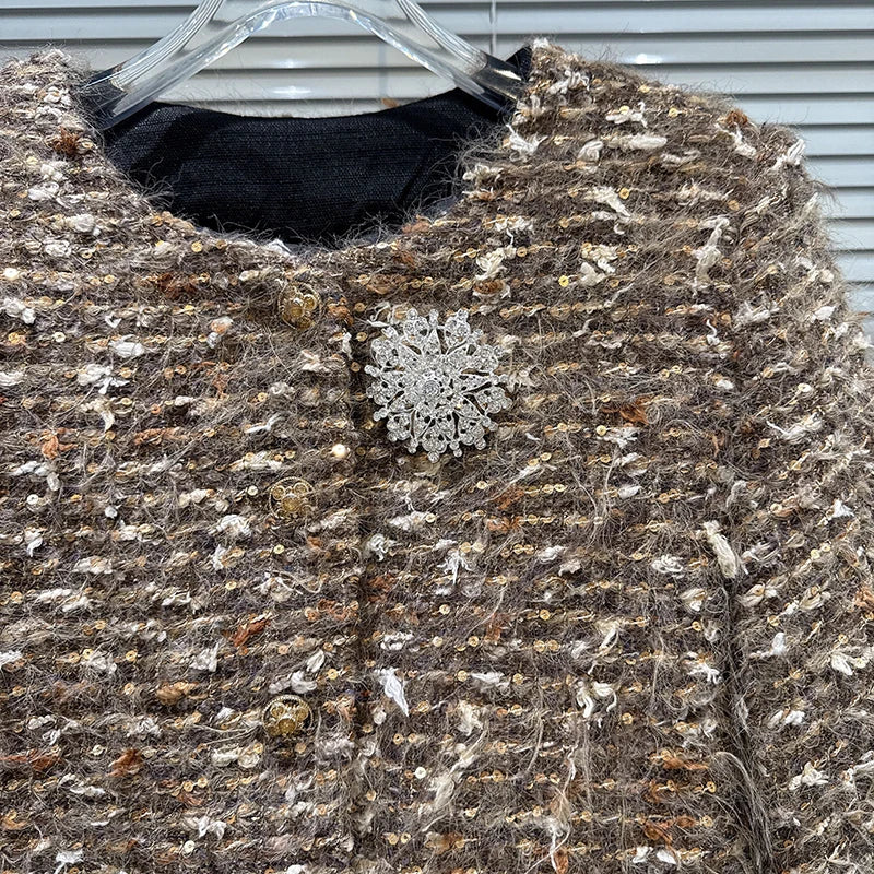 Winter New Fashion Style Rhinestone Flower Pin Knitted Thick Tweed Cotton Inner Short Coat For Women Jacket 11A07835