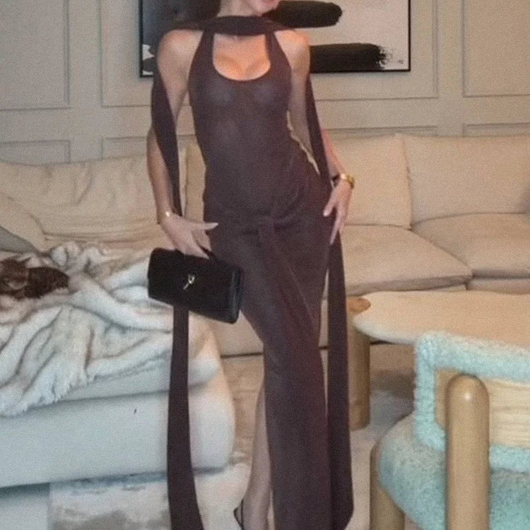 VC Sleek Modern Brown Halter Backless Maxi Dress with Waist Tie Drape Details for Party Evening Gown