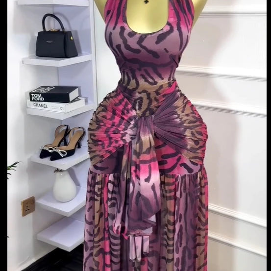 CM.YAYA Women Halter Neck Backless Ruched Stacked Sleeveless Mesh Long Maxi Dress 2025 Birthday Even Sexy Party Dresses Vestidos