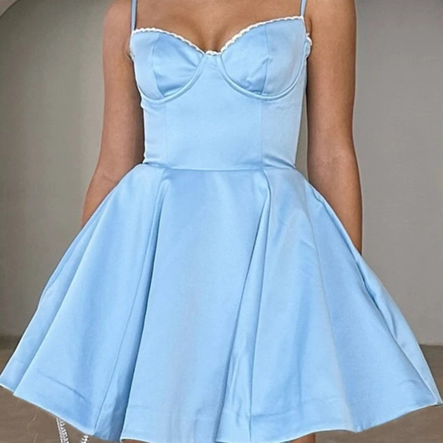 Suninheart Summer Elegant A Line Dress Lovely Floral Print Tulle Skirt Dress Casual Holiday Party Dresses Women 2024 New Arrival blue