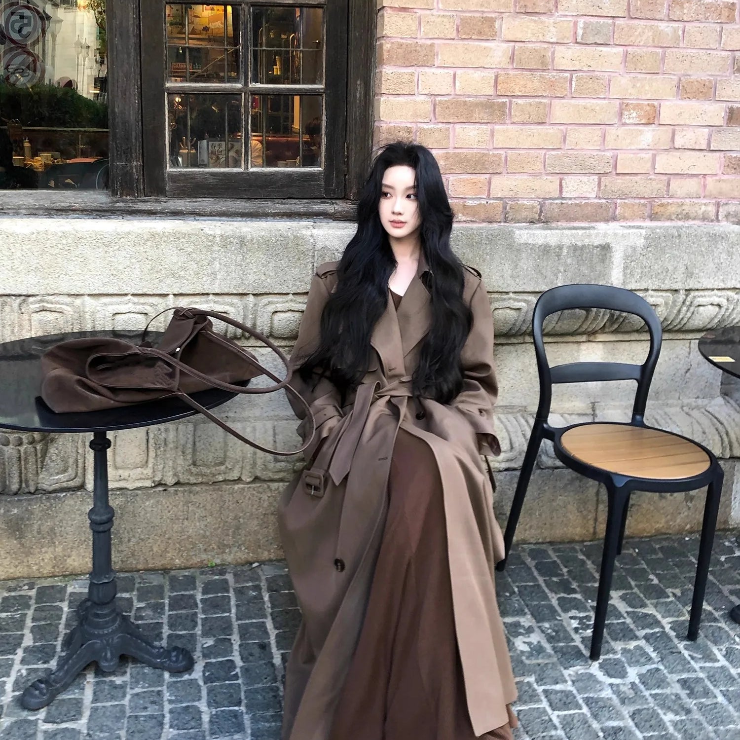 Lautaro Spring Autumn Long Flowy Coffee Trench Coat for Women Belt Double Breasted Loose Casual Overcoat Korean Clothes 2025