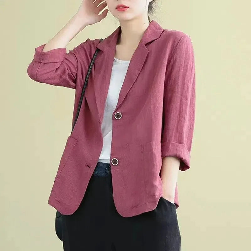 Ladies Cotton Linen Blazer Outerwear Korean Female Short Long Sleeved Suit Coat Spring Autumn Women Loose Fitting Blazer Jacket Brick red