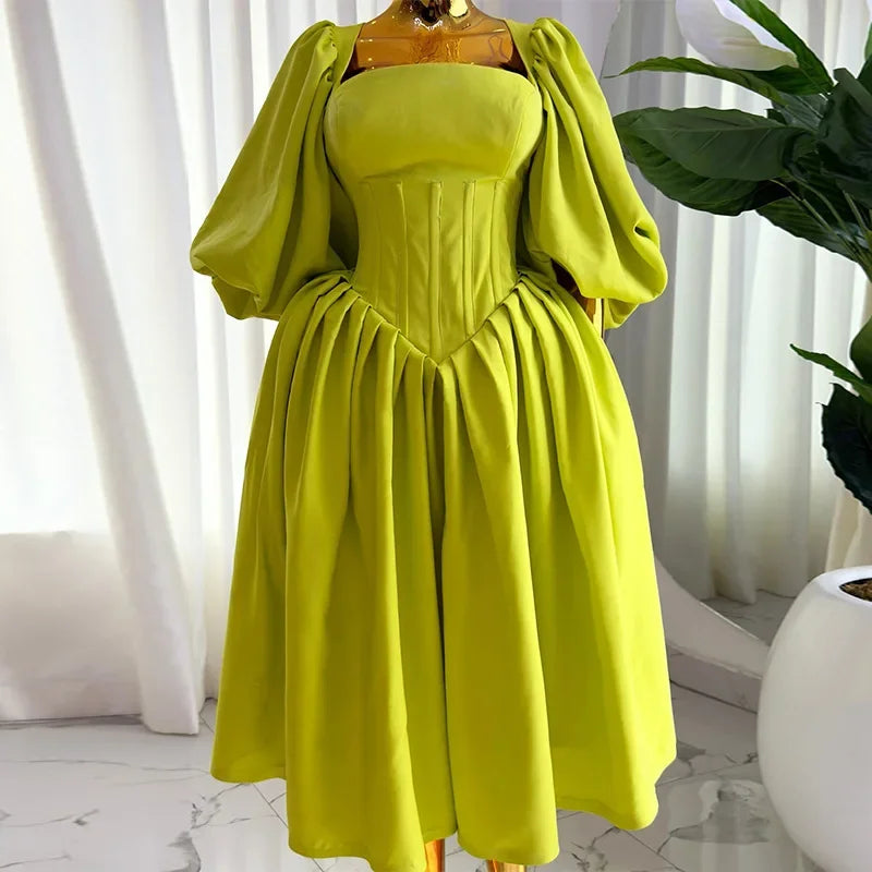 Women Long Lantern Sleeve Square Collar Big Swing Long Maxi Dress 2024 Fall Birthday Sexy Party Evening Dresses Vestidos light green