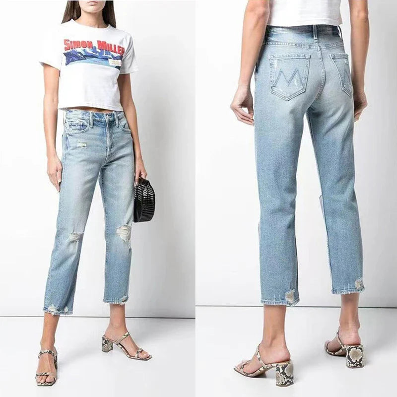 Spring Summer New Women High Waist Distressed Retro Jeans Casual Fashion Ankle-length Denim Pants