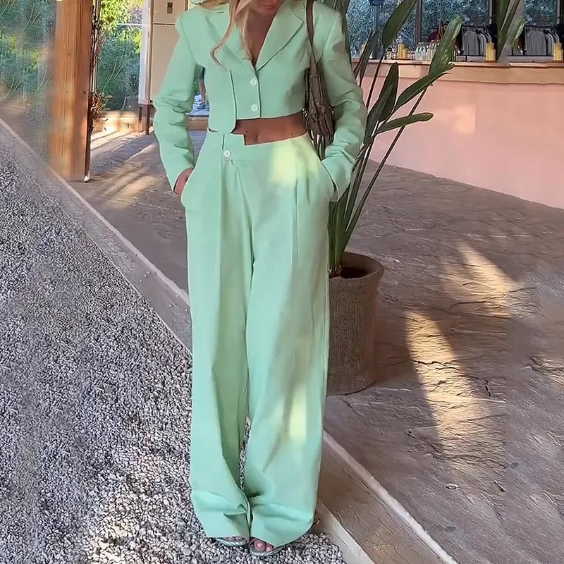 Women Two Piece Set Fashion Lapel Long Sleeve Single Raw Button Top Casual Loose Pants The Suit Sets High Streetwear