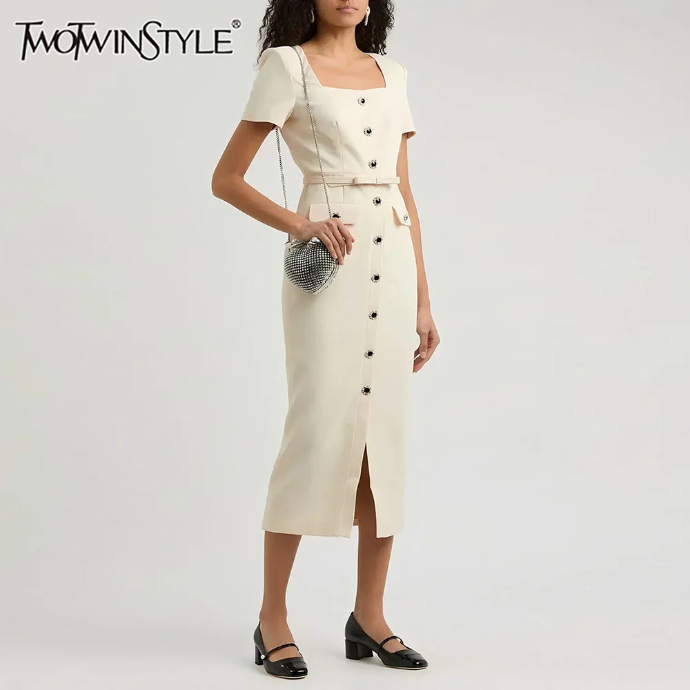 Solid Slimming Spliced Single Breasted Elegant Dresses for Women Square Neck Short Sleeves Split Dress Female New